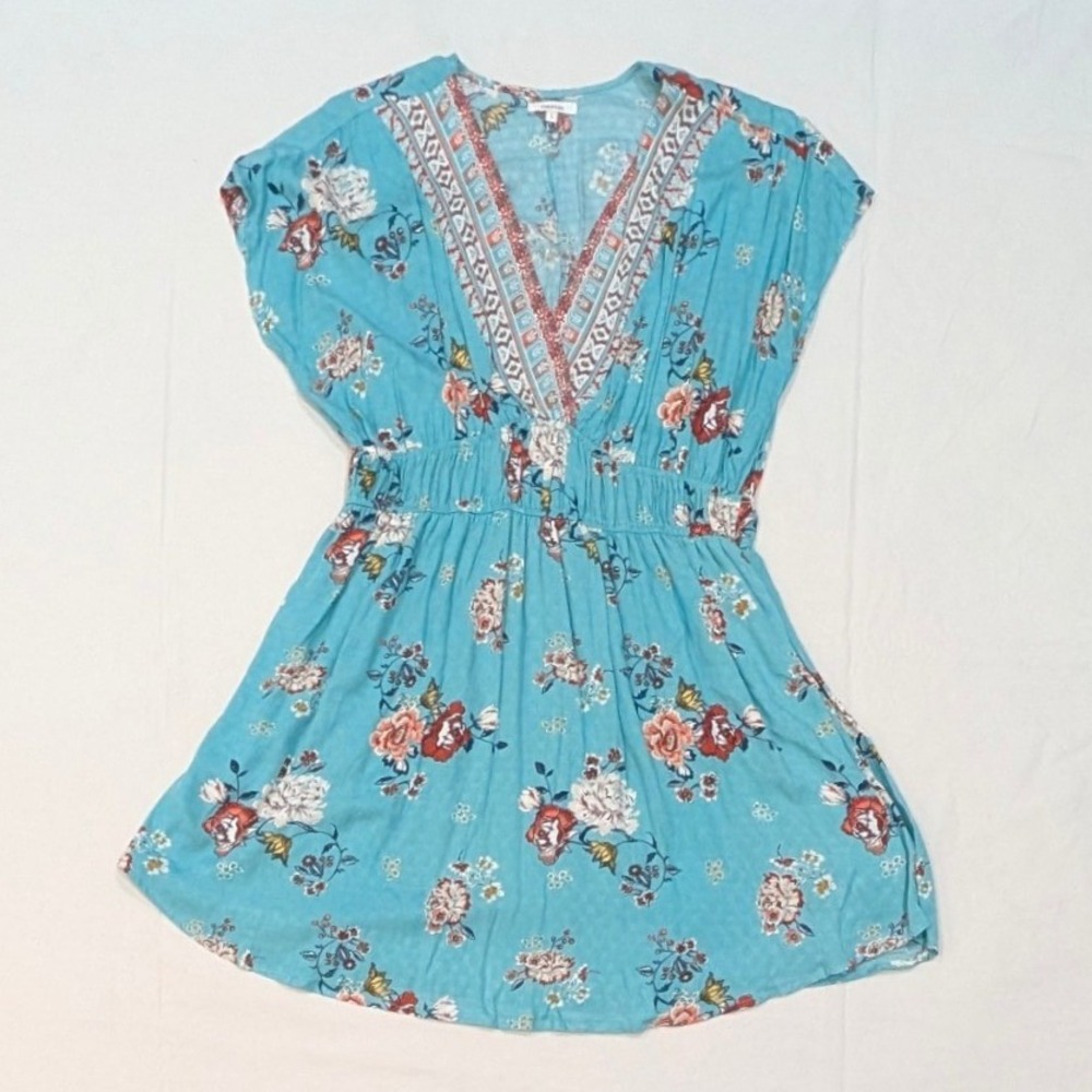 Maurices Crave Fame Turquoise Floral V-Neck Boho Mini Dress Embroidery Medium